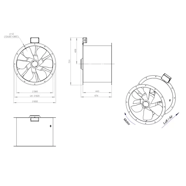 Axiaal 560 mm kanaalventilator rookgas F400 - AL 560 D4 F4 02 CFG
