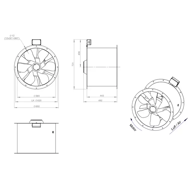 Axiaal 560 mm kanaalventilator rookgas F400 - AL 560 D4 F4 04 CFG