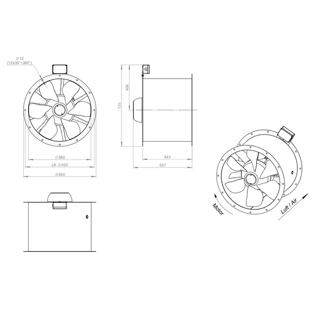 Axiaal 560 mm kanaalventilator rookgas F400 - AL 560 D84U F4 02 CFG
