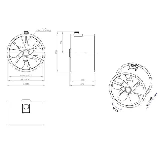 Axiaal 900 mm kanaalventilator rookgas F400 - AL 900 D4 F4 02 CFG