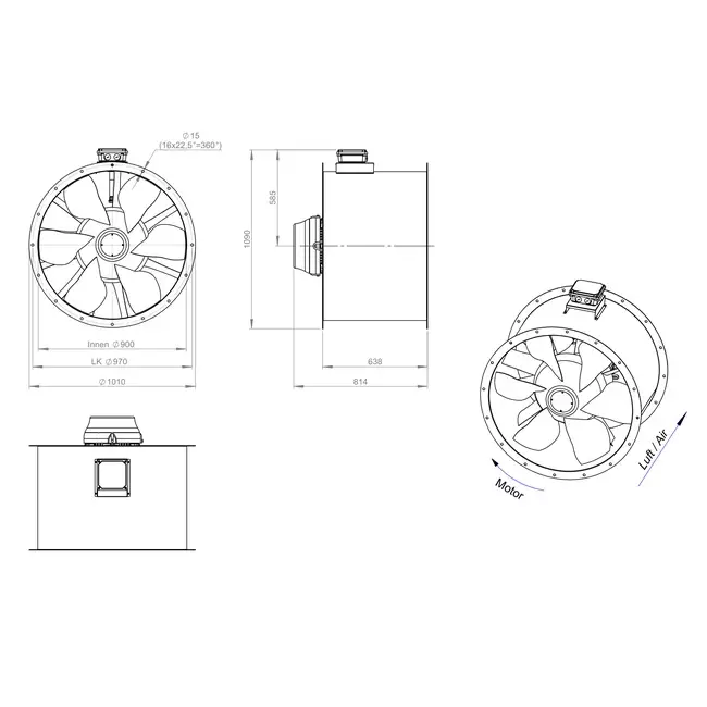 Axiaal 900 mm kanaalventilator rookgas F400 - AL 900 D4 F4 05 CFG