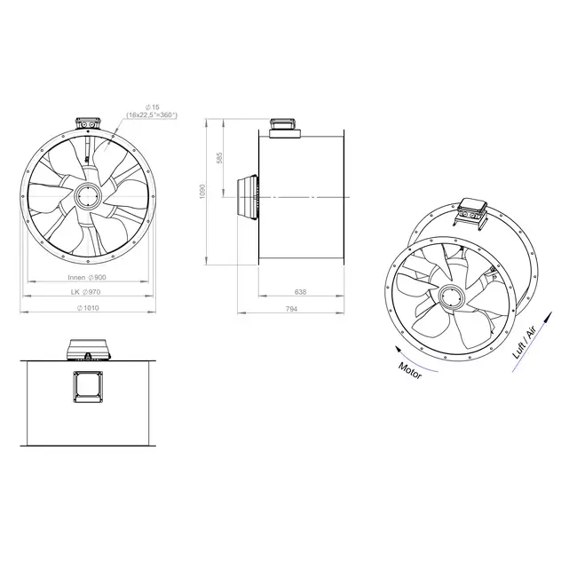 Axiaal 900 mm kanaalventilator rookgas F400 - AL 900 D4 F4 04 CFG