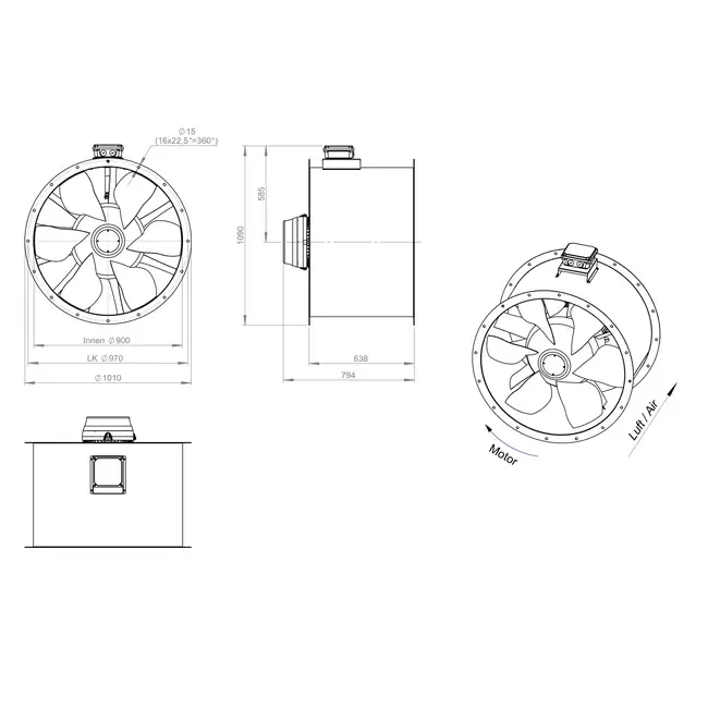 Axiaal 900 mm kanaalventilator rookgas F300- AL 900 D6 F3 03 CFG