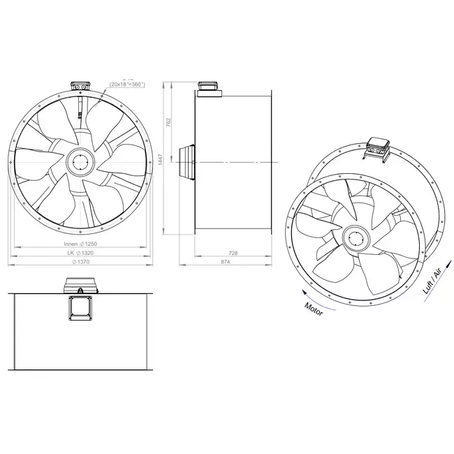 Axiaal 1250 mm kanaalventilator rookgas F400 - AL 1250 D6 F4 01 CFG
