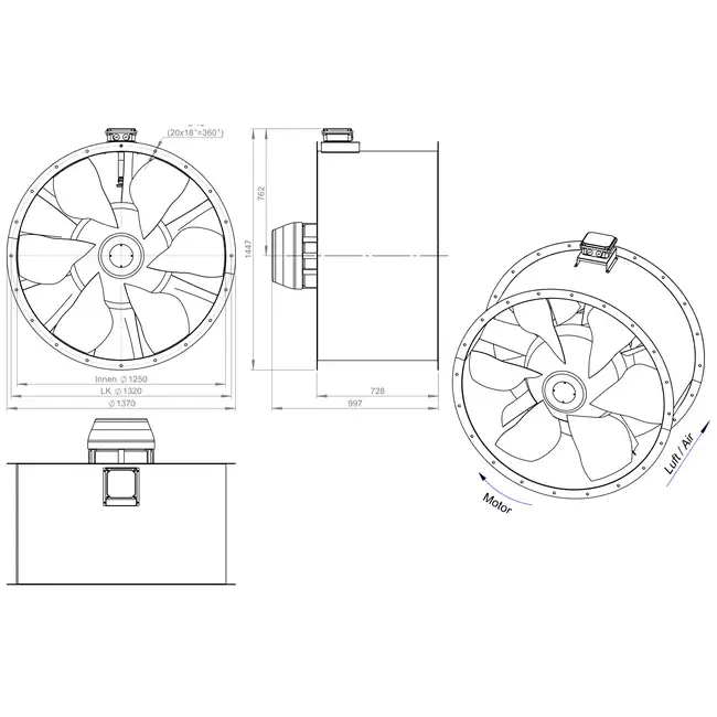 Axiaal 1250 mm kanaalventilator rookgas F400 - AL 1250 D6 F4 02 CFG