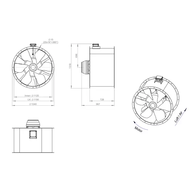 Axiaal 1120 mm kanaalventilator rookgas F400 - AL 1120 D6 F4 05 CFG
