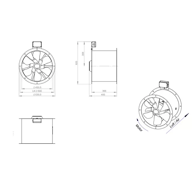 Axiaal 450 mm kanaalventilator rookgas F300- AL 450 D2 F3 02 CFG