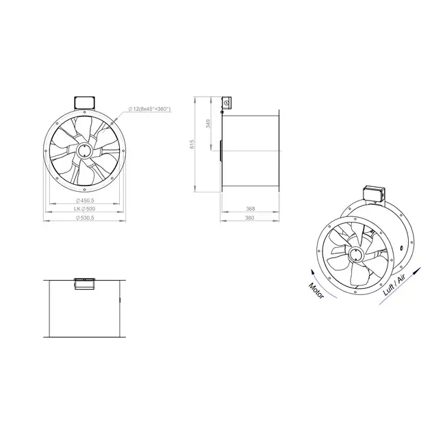 Axiaal 450 mm kanaalventilator rookgas F300- AL 450 D4 F3 02 CFG