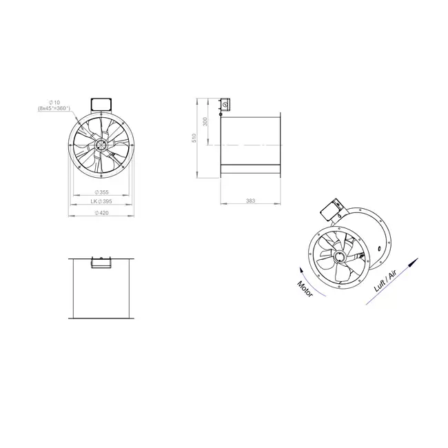 Axiaal 355 mm kanaalventilator rookgas F300- AL 355 D42U F3 02 CFG