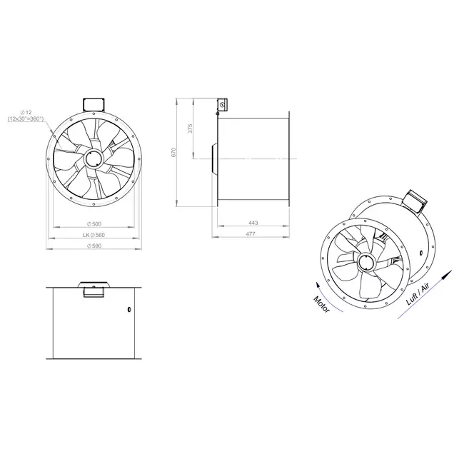 Axiaal  500 mm kanaalventilator rookgas F300- AL 500 D42U F3 02 CFG
