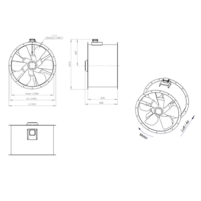 Axiaal 900 mm kanaalventilator rookgas F300- AL 900 D84U F3 01 CFG