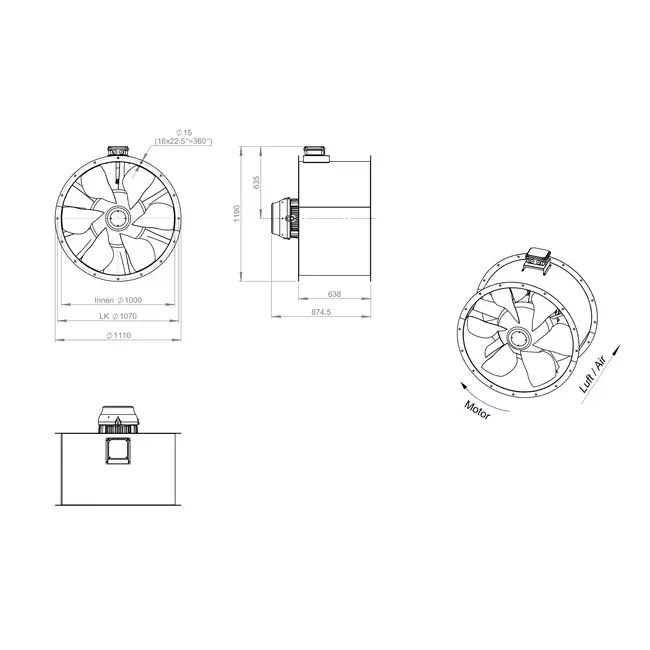 Axiaal 1000 mm kanaalventilator rookgas F300- AL 1000 D84U F3 03 CFG