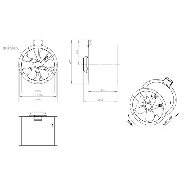 Axiaal  500 mm kanaalventilator rookgas F400 - AL 500 D2 F4 03 CFG