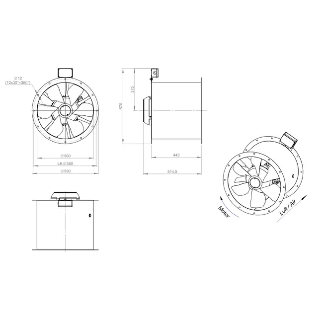 Axiaal  500 mm kanaalventilator rookgas F300- AL 500 D2 F3 03 CFG