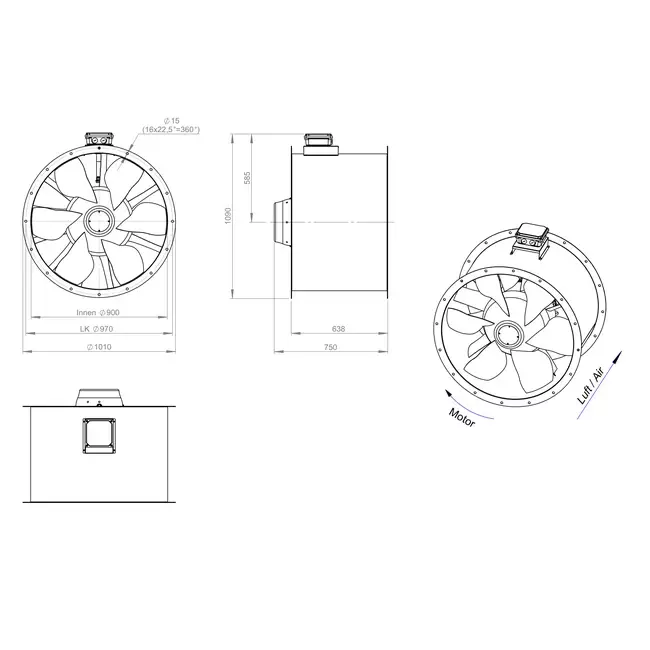 Axiaal 900 mm kanaalventilator rookgas F400 - AL 900 D84U F4 02 CFG