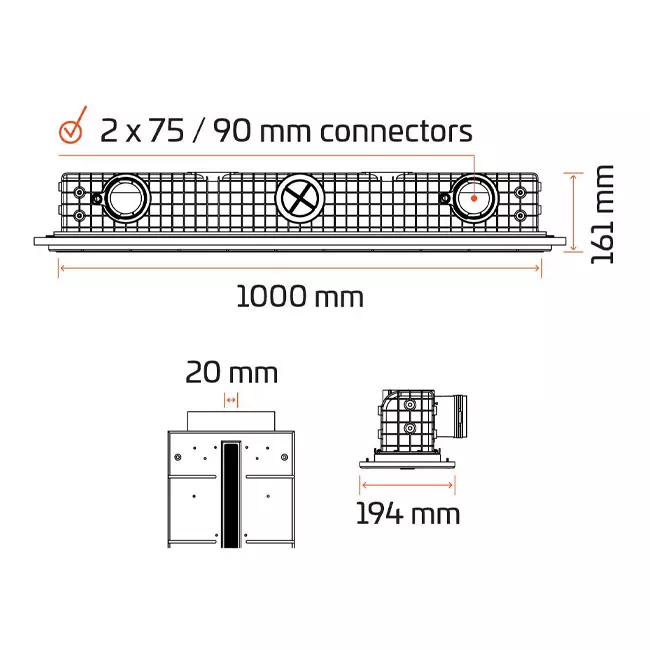 Ergovent instucbaar frameloos lijnrooster 1000 mm met aansluitdiameter 75 mm - profiel