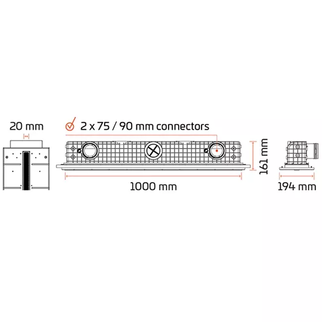 Ergovent instucbaar frameloos lijnrooster 1000 mm met aansluitdiameter 90 mm - profiel
