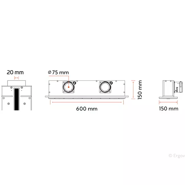 Ergovent instucbaar frameloos lijnrooster 600 mm met aansluitdiameter 75 mm - profiel