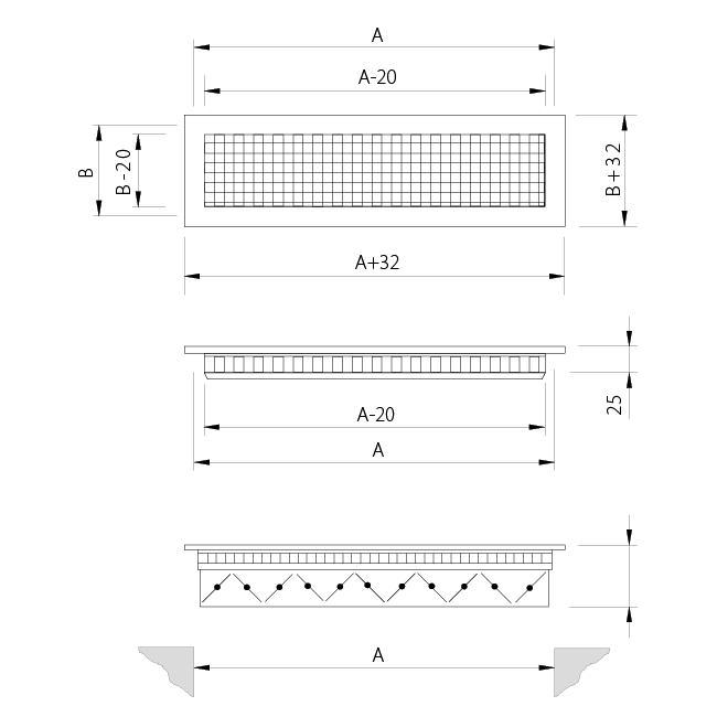Wandrooster aluminium met vast raster – met klemveren – 200x100 mm – RAL 9010