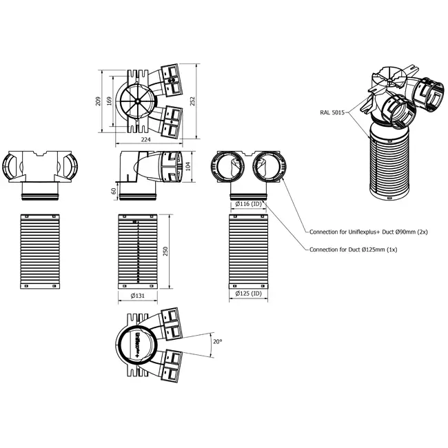 Vent-Axia Uniflexplus ventielcollector 2 x Ø90 mm - Ø125 mm