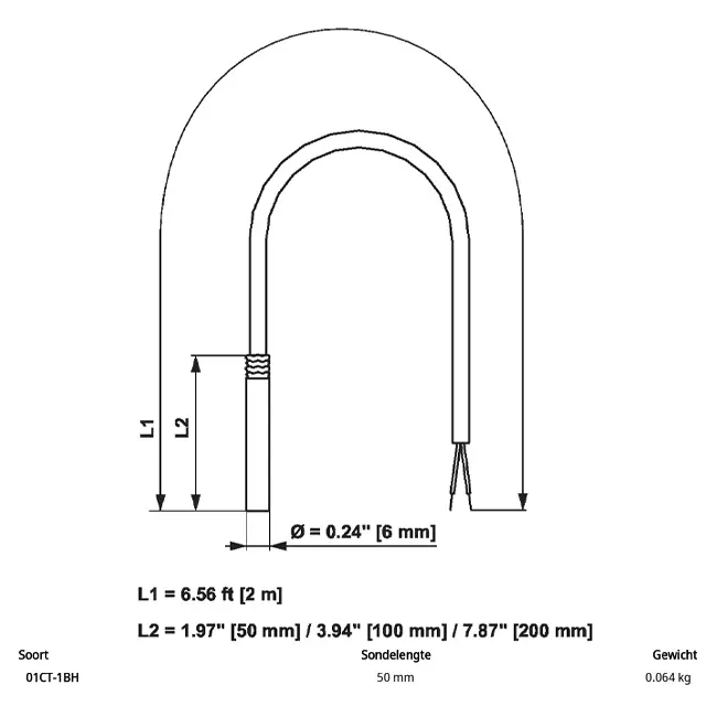 Belimo kabeltemperatuursensor PT1000 50x6 mm - 2 meter - 01CT-1BH