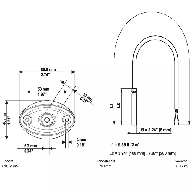 Belimo kabeltemperatuursensor PT1000 200x6 mm - 2 meter met montageflens - 01CT-1BPF