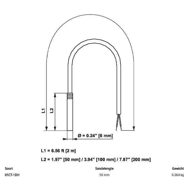 Belimo kabeltemperatuursensor Ni1000TK5000 50x6 mm - 2 meter - 01CT-1DH