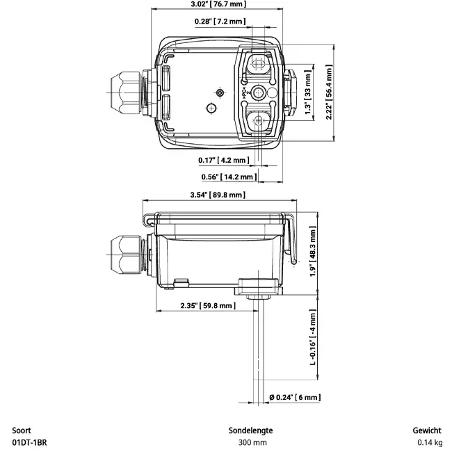 Belimo kanaal-/dompeltemperatuursensor PT1000 300x6 mm - 01DT-1BR