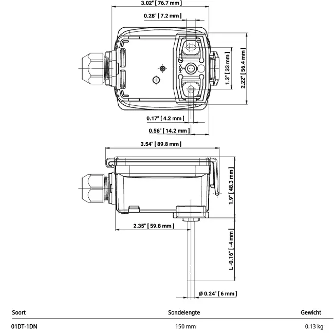 Belimo kanaal-/dompeltemperatuursensor Ni1000TK5000 150x6 mm - 01DT-1DN