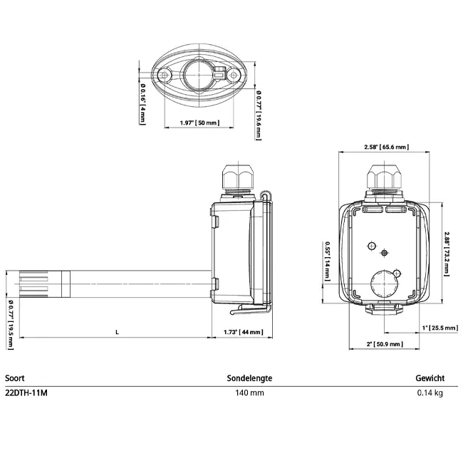 Belimo kanaalsensor voor vochtigheid en temperatuur - sonde 140 mm - 22DTH-11M