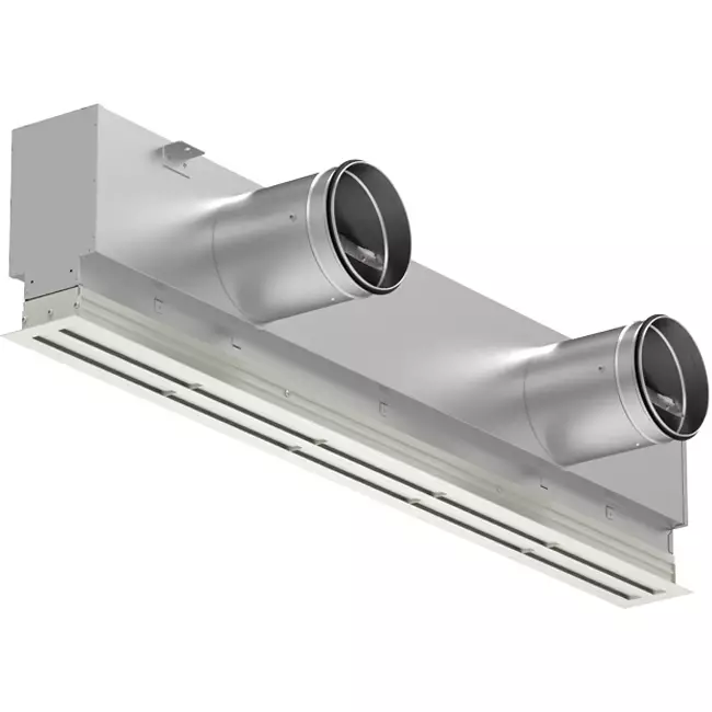 Lijnrooster aluminium met 4 instelbare patroonbladen – 1250 mm – RAL 9010 + geïsoleerd plenum met luchtdebietregelklep