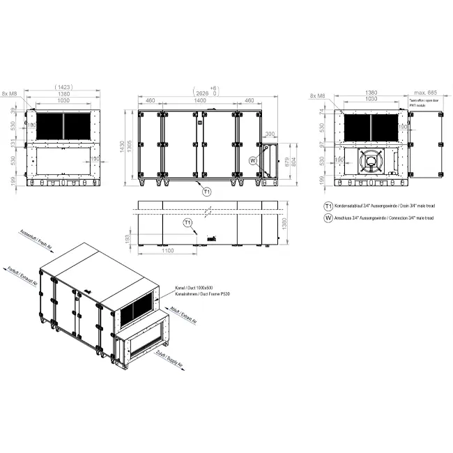 Maxivent WTW luchtbehandelingkasten met tegenstroomwisselaar 4200 m3/h met warmwaterbatterij horizontaal links - PHE 4200 H WOJL T 01
