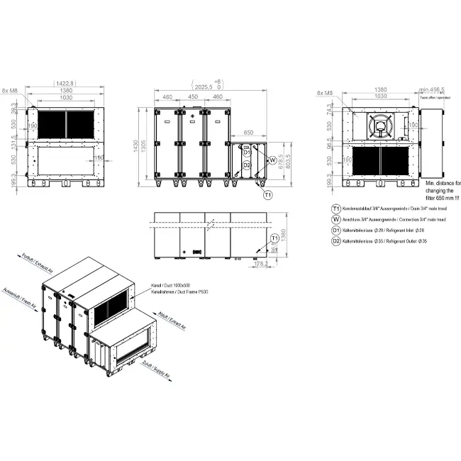 Maxivent WTW luchtbehandelingkasten met warmtewiel 7600 m3/h met warmwaterbatterij en DX-koeling horizontaal links - RHE 7600 H WDJL T 02