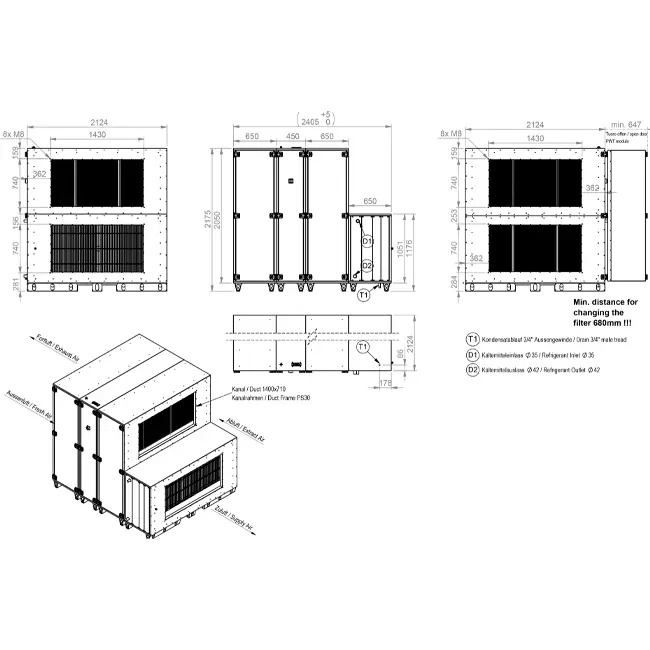 Maxivent WTW luchtbehandelingkasten met warmtewiel 7600 m3/h met DX-batterij horizontaal rechts - RHE 7600 H ODJR T 02