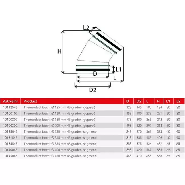 Thermoduct 13mm bocht diameter 250 mm 45 graden geisoleerd